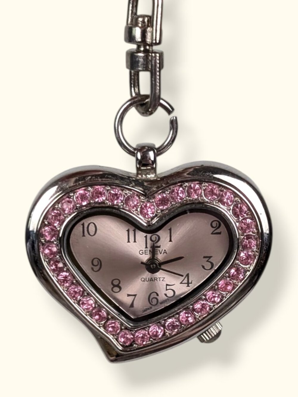 Geneva Pink Rhinestone Heart Keychain Watch (Functional, New Battery)